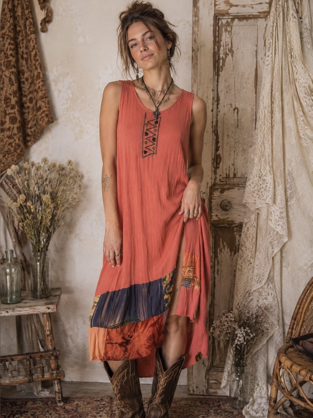 Vintage Marcia & Me Coral Dress with Geometric Detail SZ L